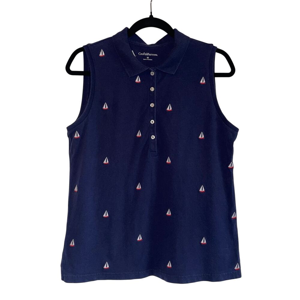 Croft & Barrow Sail Boats Nautical Casual Collard Sleeveless Top Women's Medium